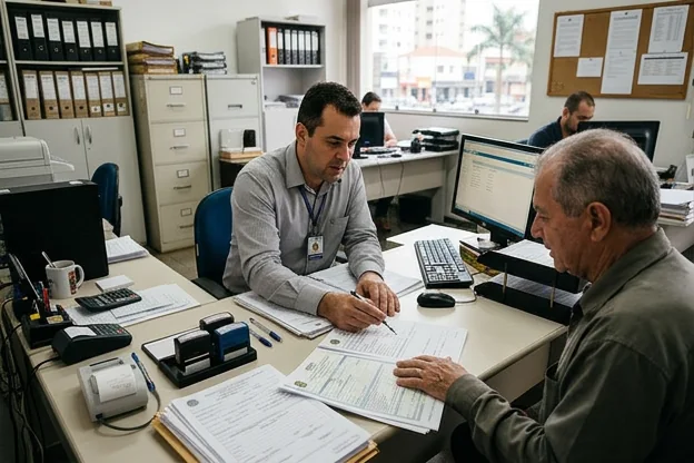 Despachante auxiliando cliente com documentos em ambiente de trabalho.