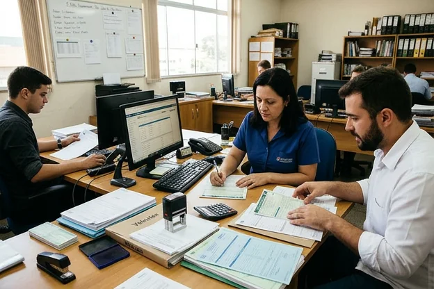 Equipe de despachantes colaborando em serviço de documentação veicular.