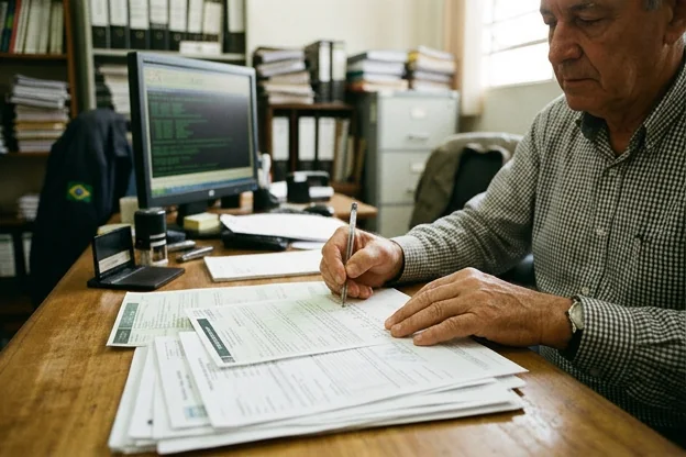 Profissional revisando lista de documentos para licenciamento de veículos.